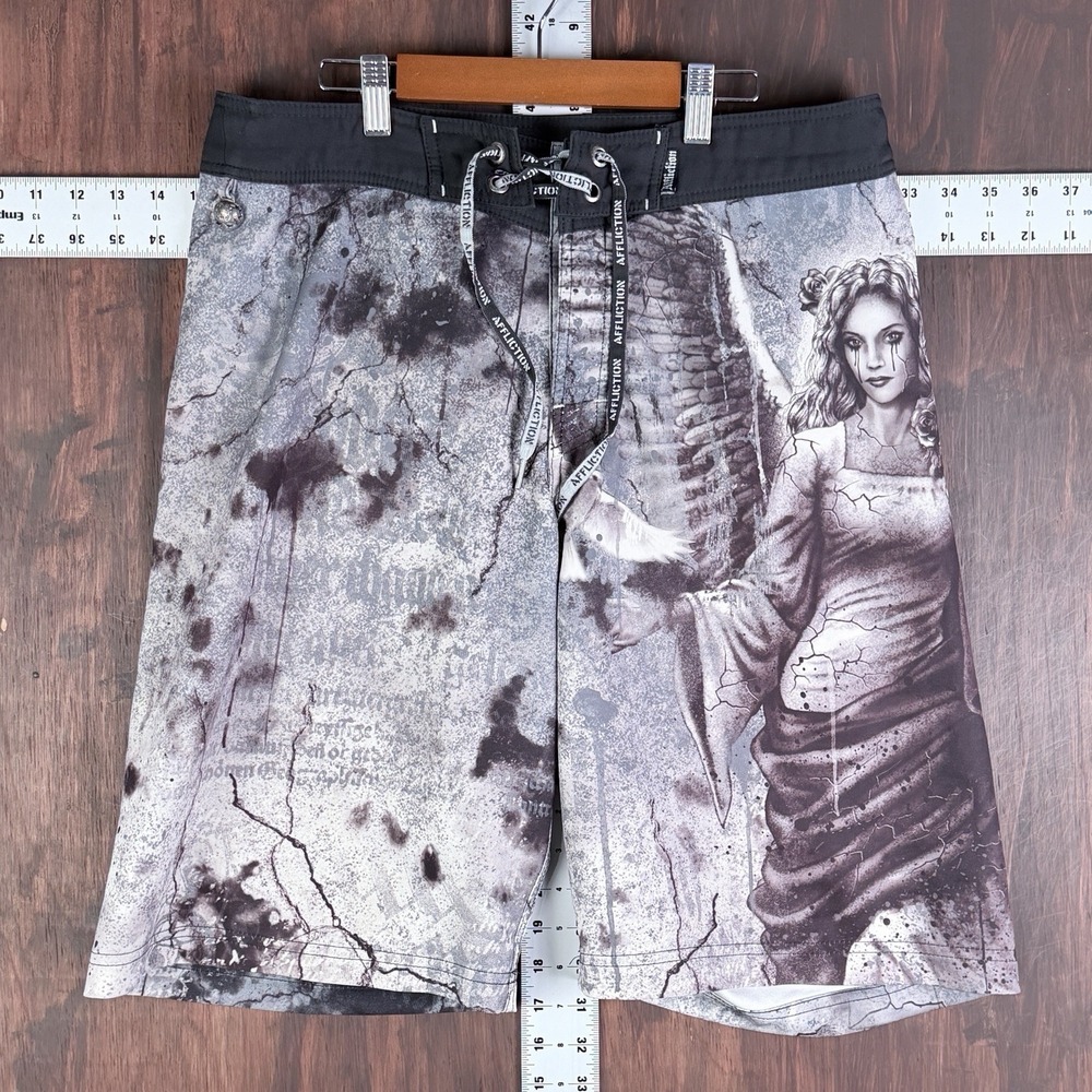 Affliction Micro Boardshort‎ Fleur De Lis Cross Wings Board Shorts Swim Men's 32